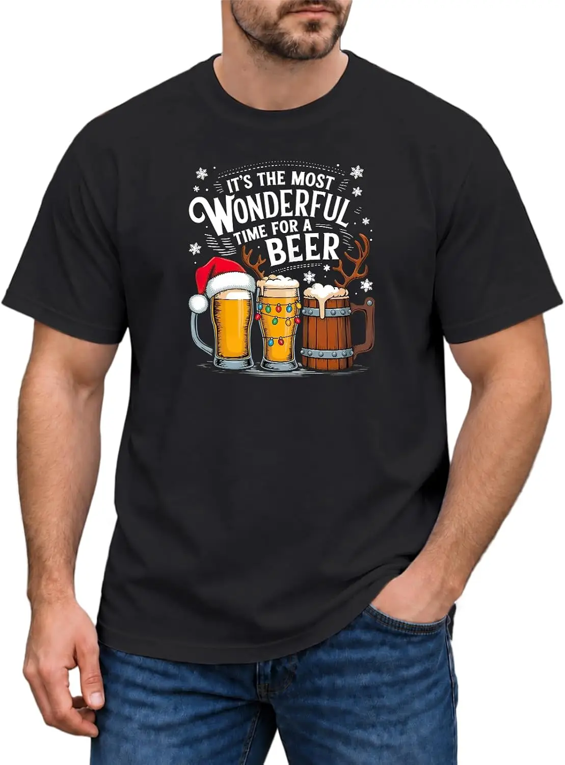 Men's Christmas Beer Graphic T-Shirt Funny Holiday Tees | Soft 100% Cotton Crewneck Tee, Festive Beer Santa Graphic For Funny Christmas Cotton T-Shirt – Quick-Drying, Loose-Fit, Short-Sleeved