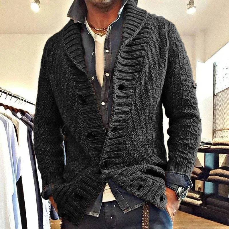 Camisola de malha de manga comprida masculina, casaco monocromático, lapela retrô, novo estilo, outono e inverno, 2022, S-3XL