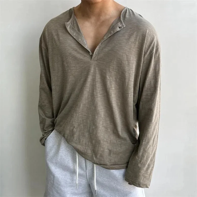 Spring Henley Collar Lightweight Lazy Irregular Texture Loose Base Long Sleeved T-shirt