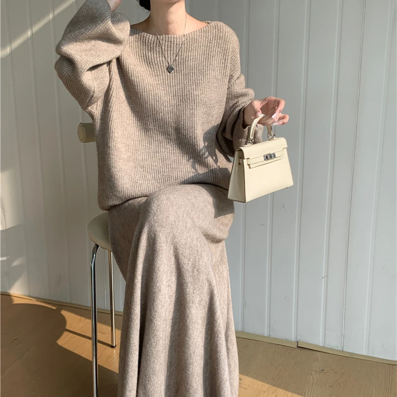 Fall Winter Warm Knitted 2 Piece Set For Woman Outfits Korean Casual Pullover Oversized Solid Sweater+long Skirt Sets 2024