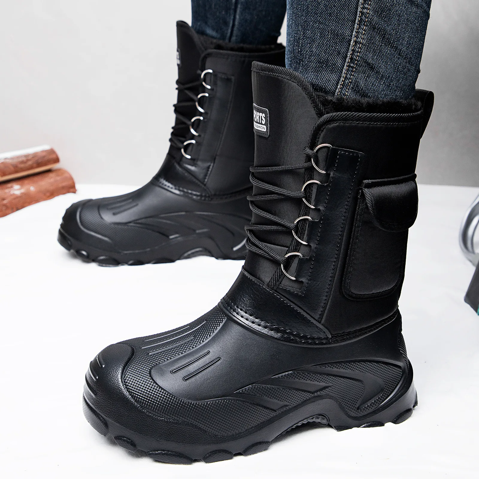 Men's New Winter Velvet Thickened Tall Snow Boots Cross-border Waterproof and Non-slip One-pedal Cotton Boots