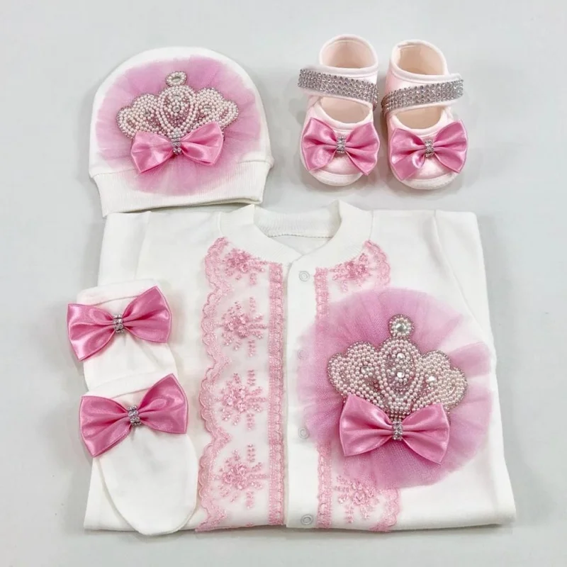 Tulle Crown Lace Satin Bow Baby Footed Romper Newborn 0-9 Months 4Pcs White Baby Pink Pearl Royal Jumpsuit Gift