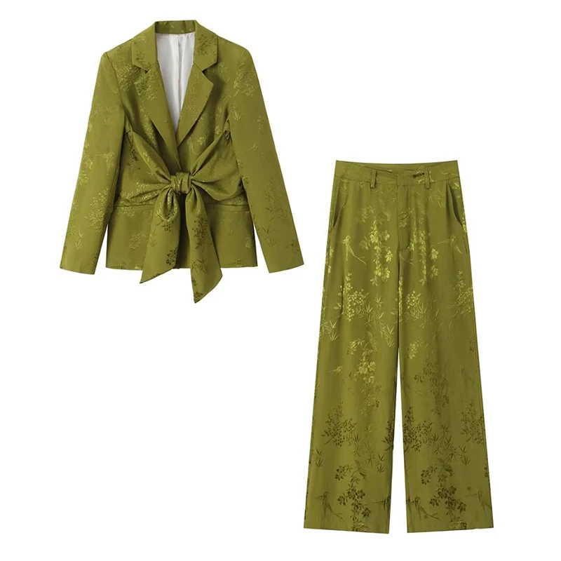 Willshela Women Fashion 2 Piece Set Green Printed Blazer With Bow & Vintage Front Zipper Trousers Feamle Chic Lady Pants Sets