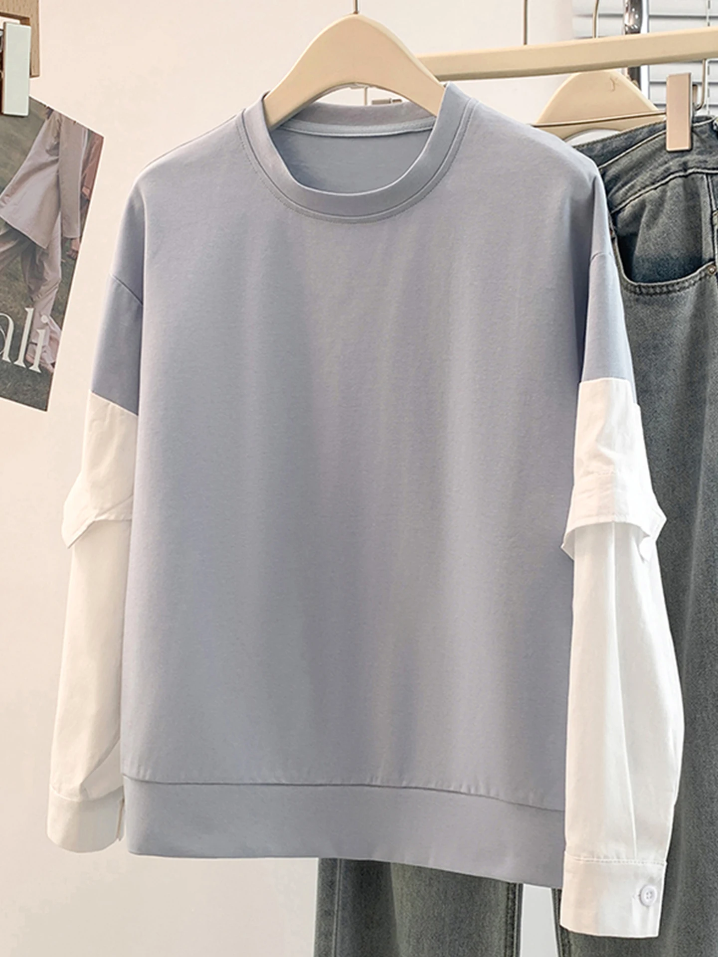 

Повседневный женский свитшот с длинными рукавами и цветными блоками, весенний сезон, большие размеры, утягивающая футболка в корейском стиле, удобная, комфортная.