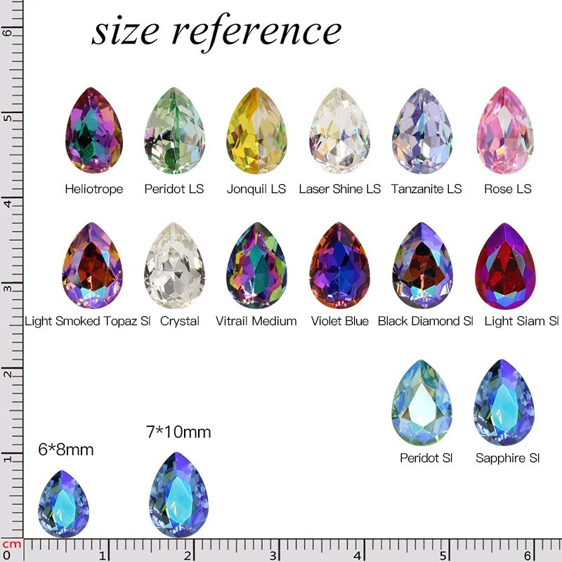 Glass Crystal Water Drop Shape 3 Sizes Rainbow & Jelly Candy AB Colors Point Back Glue On Rhinestone Beads Applique DIY Trim