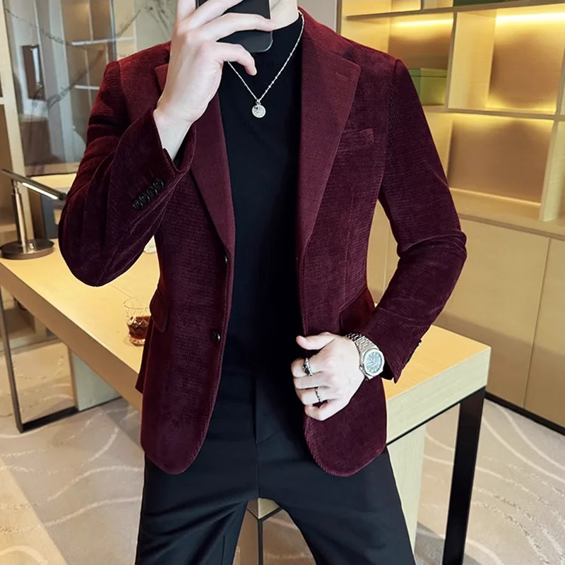 Autumn Winter Fashion Seaweed Pattern Suit Jacket High Quality Luxury Slim Fit Casual Men's Blazers Coats Social Prom Tuxedo