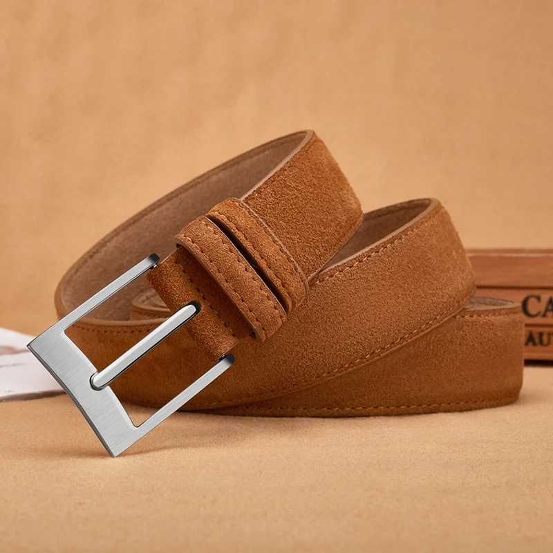 Süßer Gürtel aus Rindsleder, echtes Leder für Herren und Damen, mit Oxford-Stoff, echtes Leder, luxuriöse Dornschließe, blaugraue Gürtel – Detail 4