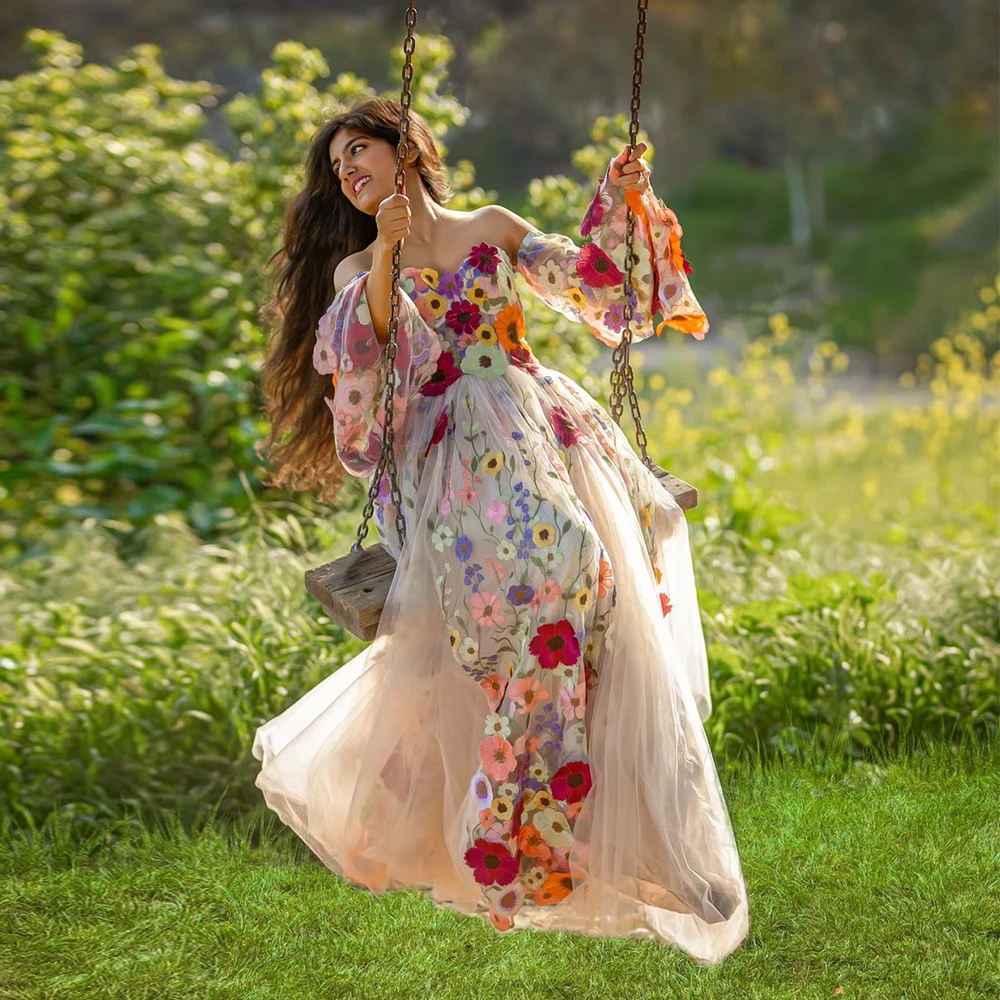 

Customized 3D Flowers Floral Wedding Dress With Detachable Sleeves Romantic Lace Up Back A Line Colorful Bridal Gowns TSWD695