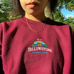 Yellowstoneナショナルパーク刺wineワインレッドユニセックススウェットシャツ長袖ルーズコットンクルーネック秋ヴィンテージプルオーバー