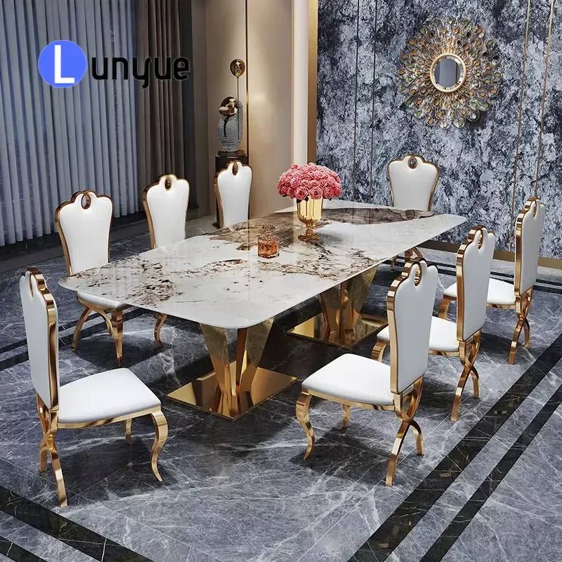 Modern Rectangular Stainless Steel Rock Slab Dining Table Set Large Extendable Durable No Assembly Required for Villa Living