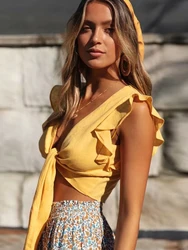 Solid Bodycon Sexy Summer 2025 Short Blusas Ruffle Sleeve V Neck Shirts Beach Streetwear Casual Tunic Womens Tops and Blouses