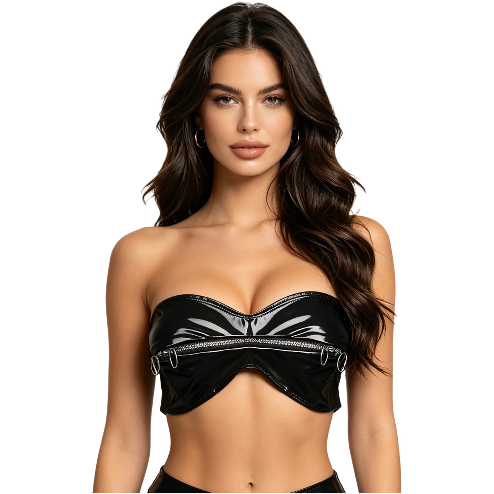 Womens Glossy PU Zipper Bandeau Crop Top Zipper with O-ring Strapless Tube Bra Bralette Mini Corset Top Rave Party Costume
