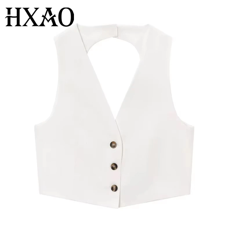 

HXAO 2025 Women's Vests Jackets Cropped Sleeveless Vest Waistcoat Woman Summer Cut Out Suit Vest Backless Button Jacket 088