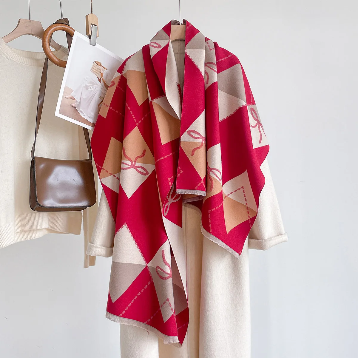 Winter Elegant Women Faux Cashmere Wrap Scarf Red Cream Retro Preppy Style Bow Diamond Design Thick Soft Warm Coat Shawl
