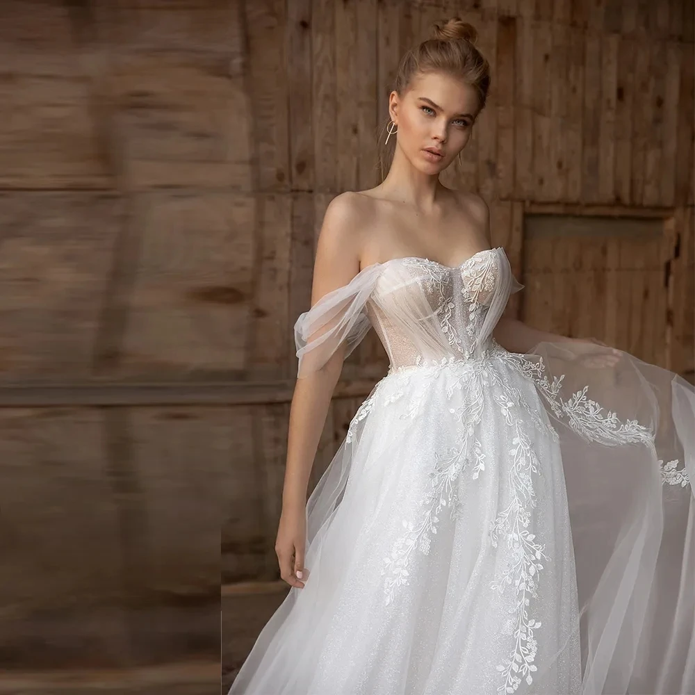 Vestidos de casamento românticos femininos, simples sem ombro, apliques de renda sem mangas, estilo princesa fofo, esfregando formal para noivas