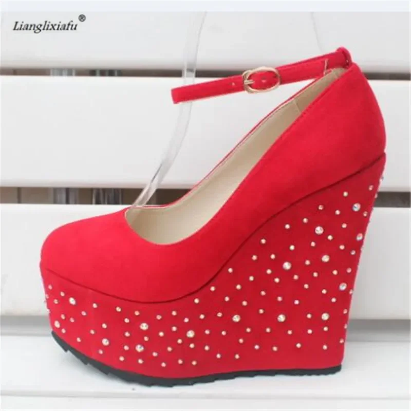 LLXF Small Yards:30 31 32 33 Plus:42 43 Sweet Abiball Shoes Woman 15cm Wedges Rhinestone Zapatos Mujer Platforms Nightclub Pumps