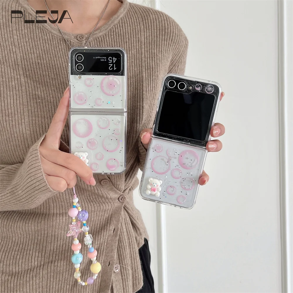 

Cute Pink Bubble Bear Glitter Phone Case For Samsung Galaxy Z Flip 5 4 3 5G Clear Cover For Z flip3 flip5 flip4 Bracelet Chian