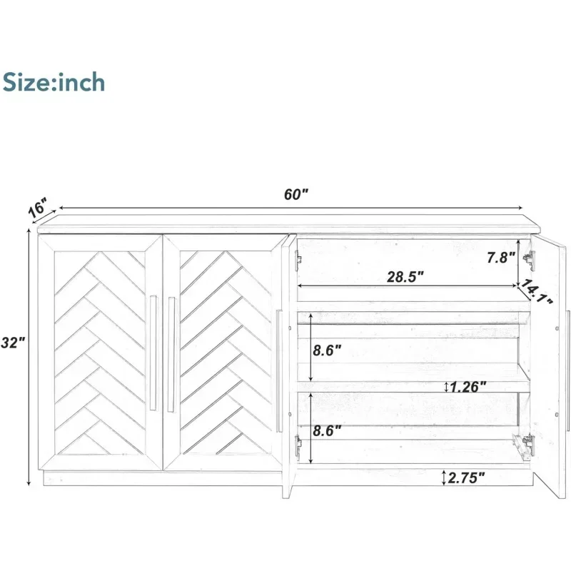 Armário buffet de 60", armazenamento retrô com prateleiras ajustáveis e puxadores prateados, aparador de 4 portas e grande S