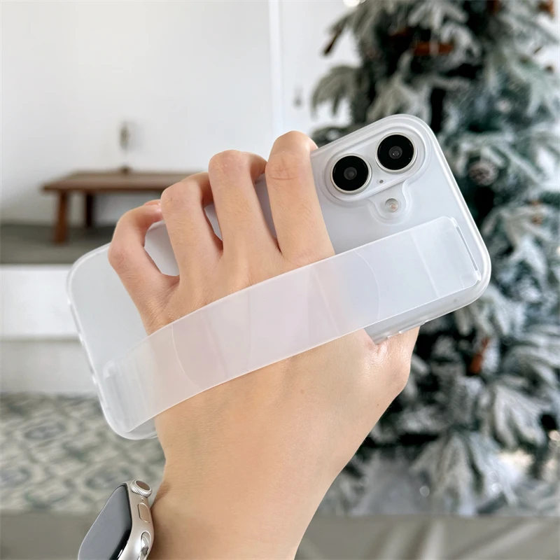Luxury Soft Silicone Wrist Strap Hard PC Phone Case For iPhone 16 15 14 Plus 13 12 Pro Max 11 Ultra Thin Matte Shockproof Cover