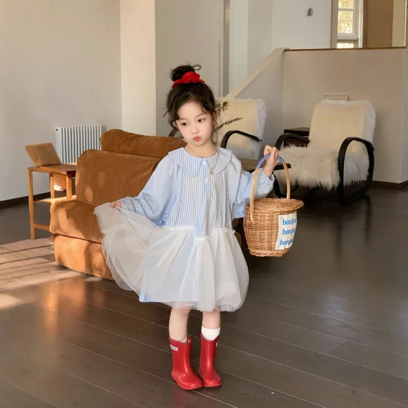 

Girls' Dress Spring Fashion New Children's Patchwork Mesh Dress Girl's Striped Shirt Dress