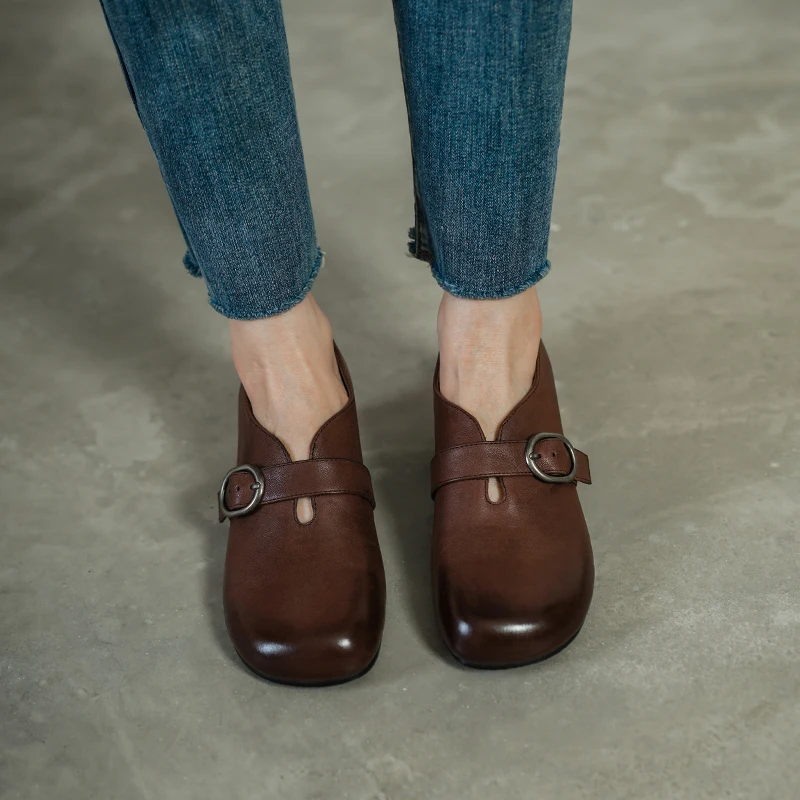 Women Pumps Real Leather Shoes Big Toe Shoes Block Heels Handmade Retro Simple Shoes Slip On Spring Autumn Daily Pumps