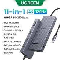 UGREEN USB HUB 11 en 1 USB-C a 4K120Hz DP HDMI USB3.2 10Gbps SD/TF RJ45 3,5mm PD100W para MacBook accesorios para portátiles HUB de acoplamiento