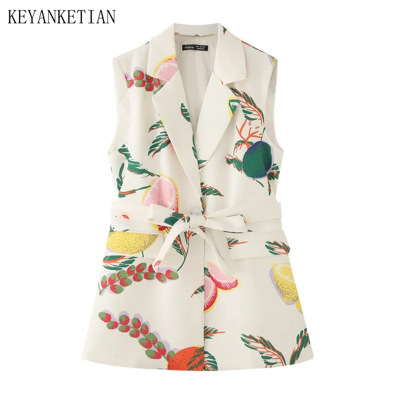 

KEYANKETIAN, новая летняя женская одежда, откидной карманный ремень на одной пуговице, костюм с фруктовым принтом, жилет, женское пальто без рукавов