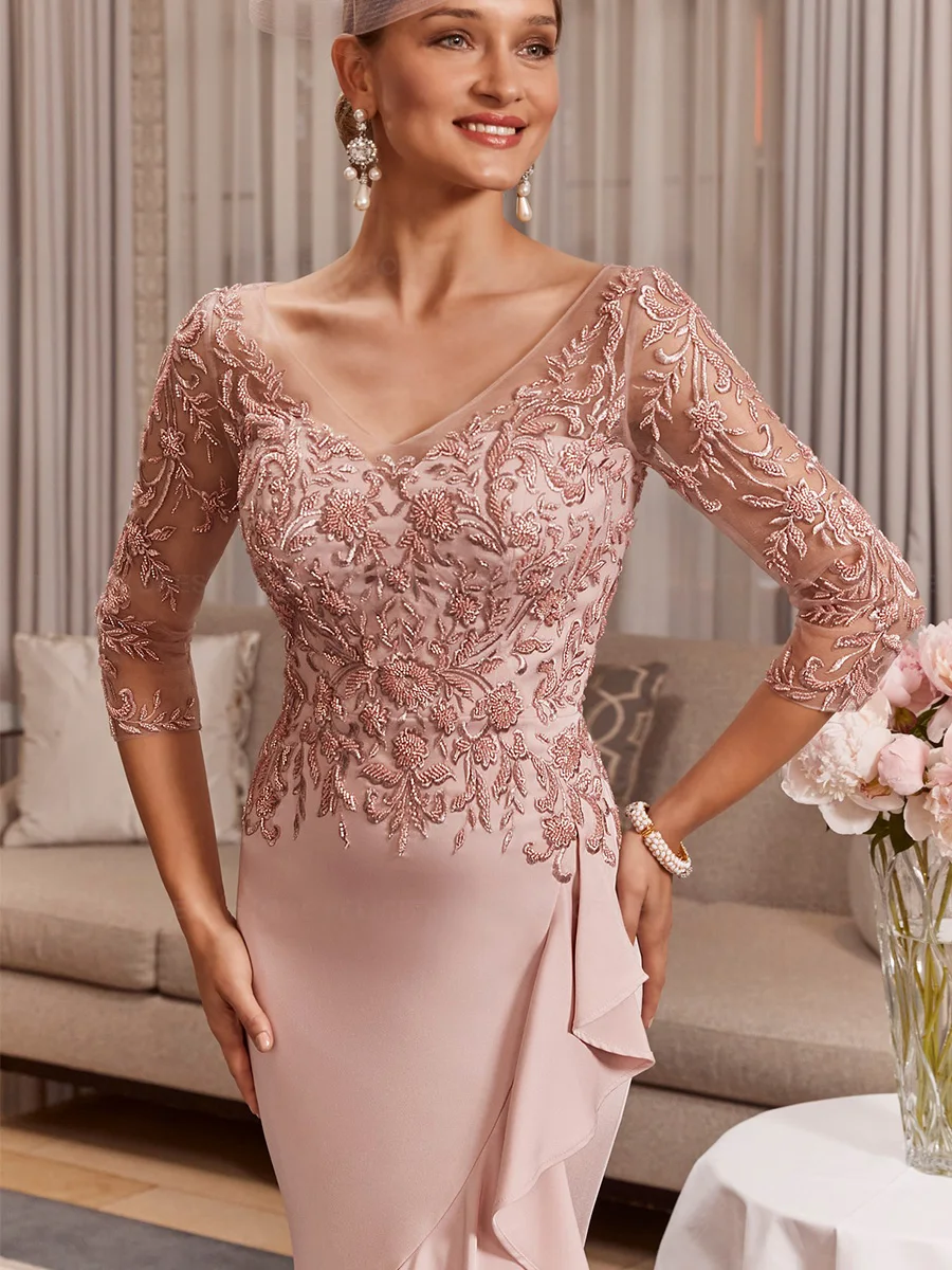 Classic Mother of the Bride Dresses 2023 Mermaid V-neck Tea-Length Lace 3/4 Sleeves Prom Wedding Guest Party Dress فساتين السهرة