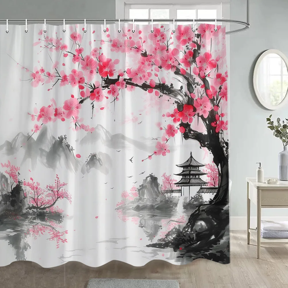 Japanese Style Shower Curtains Cherry Blossom Floral Abstract Mountain Water Courtyard Ink Art Landscape Bathroom Curtain Decor