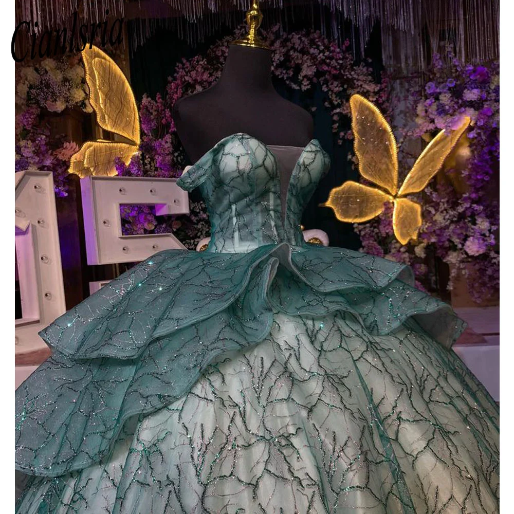 

Green Sparkly Sequined Crystal Ball Gown Quinceanera Dresses Off The Shoulder Illusion Ruffles Corset Vestidos De 15 Quinceanera