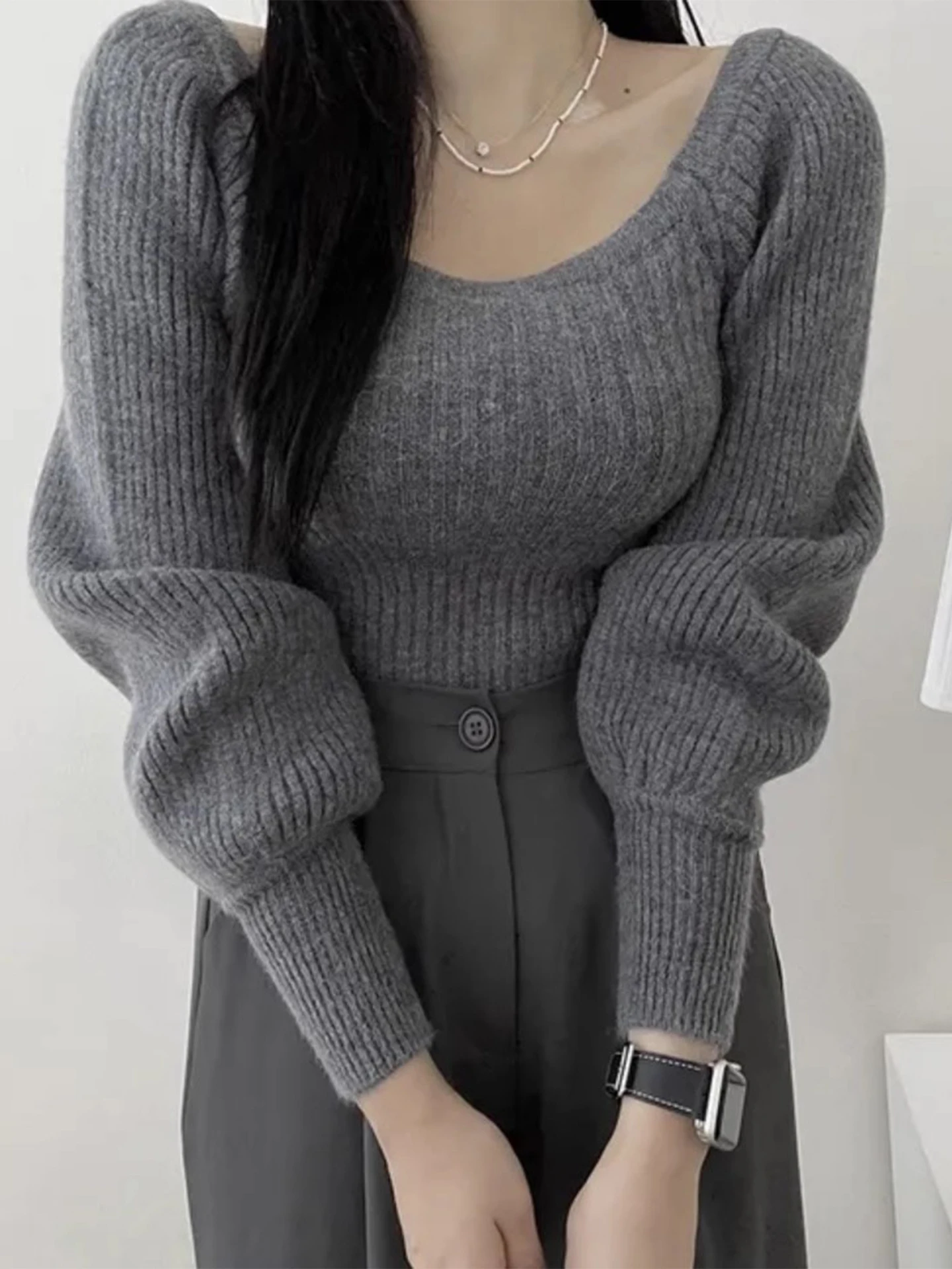 

Retro Ele Square Collar Stripe Versatile Base Layer Knitted Sweater Women's Slimming Color Winter New Sle