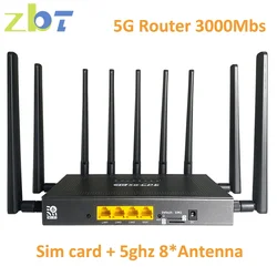 ZBT 5G Router WiFi6 3000Mbps Wifi Sim Card Gigabit LAN 1000Mbs 2.4GHz 5Ghz Dual Band 8 Antena 5G NSA+SA 4×4 MIMO Home Office