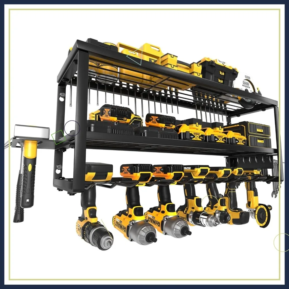 

Настенный органайзер для инструментов повышенной прочности с 7 отсеками, держателем для дрелей, полкой для аккумуляторов и зарядной станцией для хранения в гараже