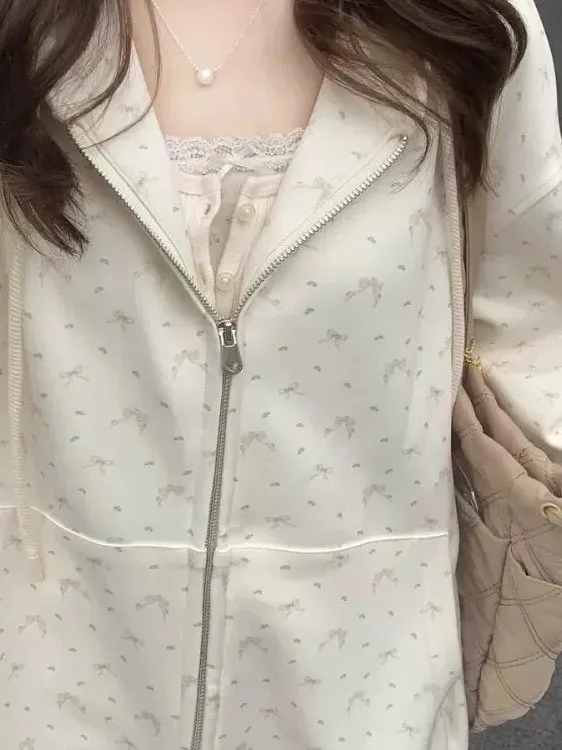 Sweet Style Apricot Color Hooded Zipper Cardigan Sweatshirt Women's Autumn Winter New  Knot Print Casual Versatile O...