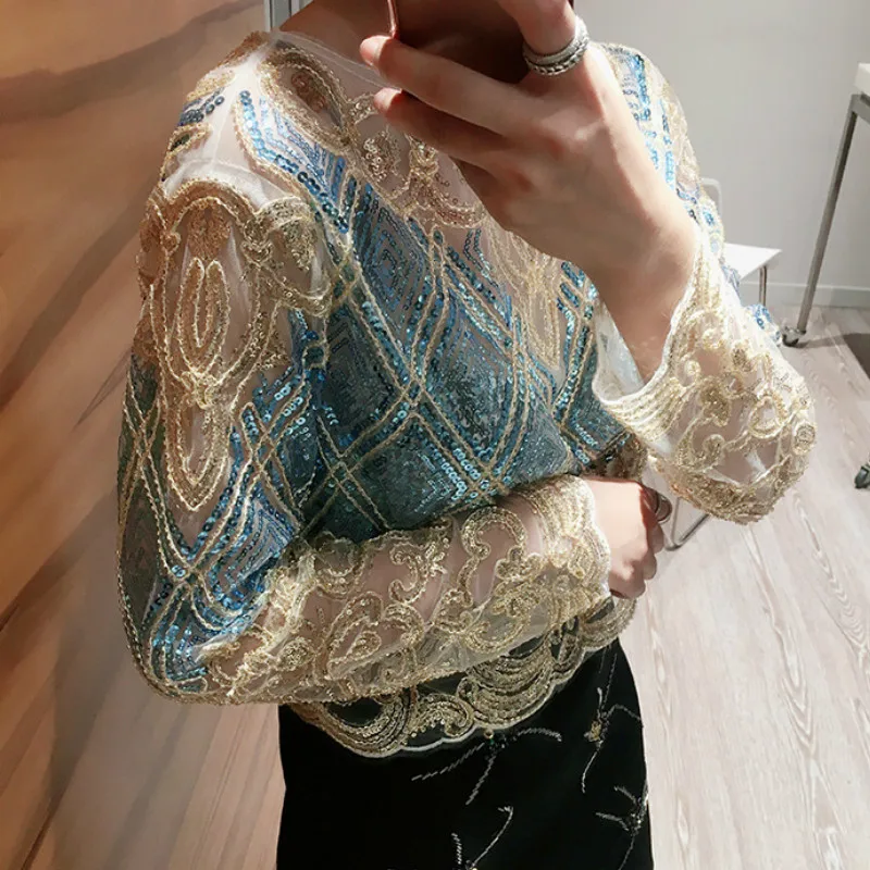 Camicie ricamate con paillettes fatte a mano camicette con perline pesanti da donna sexy sottili camicia con fondo in prospettiva geometrica blusas