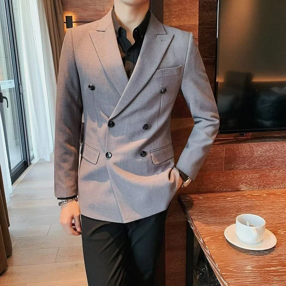 Business XL Peak Lapel Suit Coat Polyester Fabric Blazer Slight Stretch Blazer Solid Color Blazer Spring Autumn Blazer
