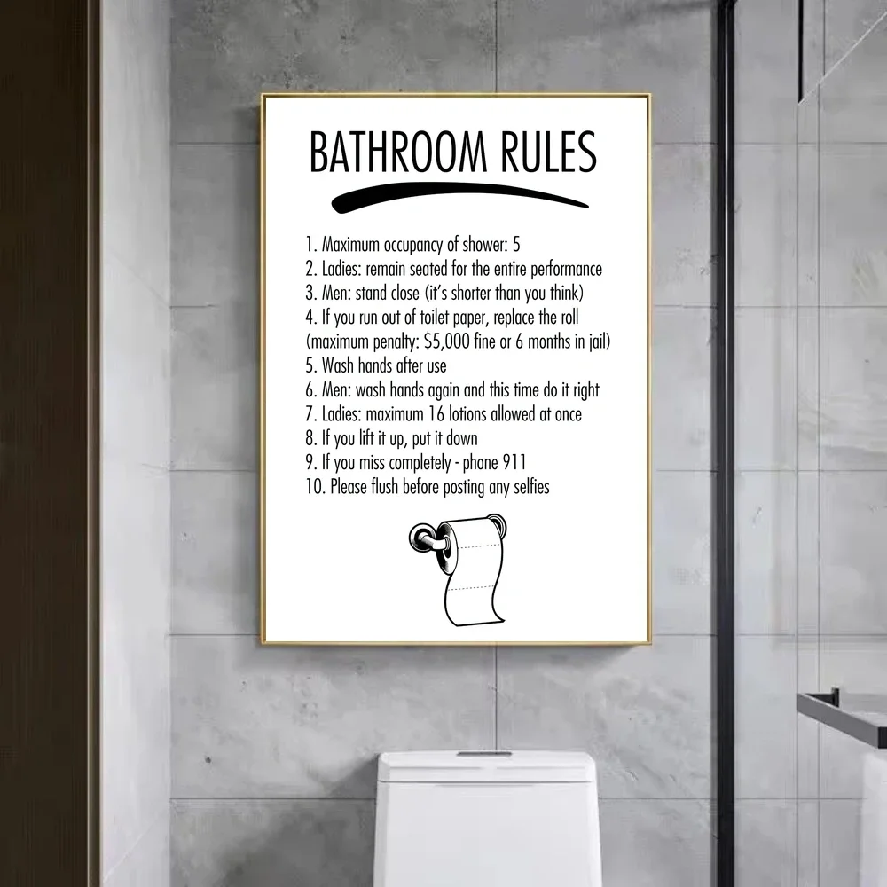 Black White Funny Toilet Rules Poster Set Humorous Quote Canvas Wall Art Prints Bathroom WC Wash Room Decor  Decoration Unfra