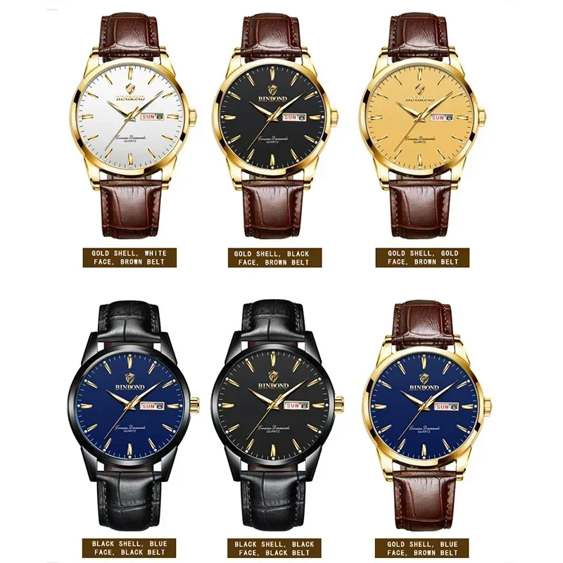 BINBOND мужские кварцевые часы брендовые роскошные повседневные модные мужские часы для подарков дышащие кожаные водонепроницаемые светящиеся наручные часы
