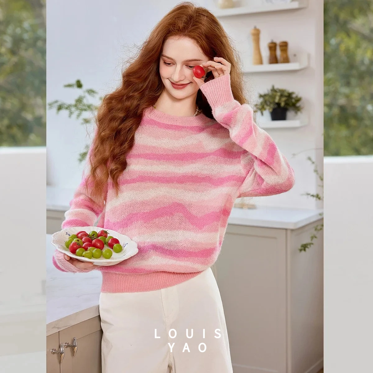 

LOUISYAO Sweet Striped Drop-Shoulder Knitted Sweater 2025 Autumn/Winter Elegant Pullovers Slightly Stretch Women's Knitwear