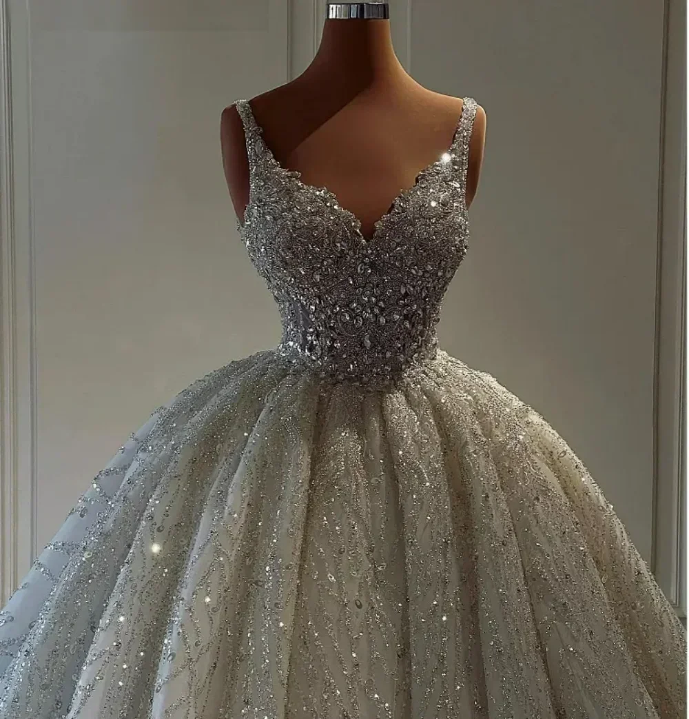 Customized  Spaghetti Strap Shinny Crystals Beads Wedding Dress Sweep Train Robe De Mariee Plus Size Ballgown Bridal Gown