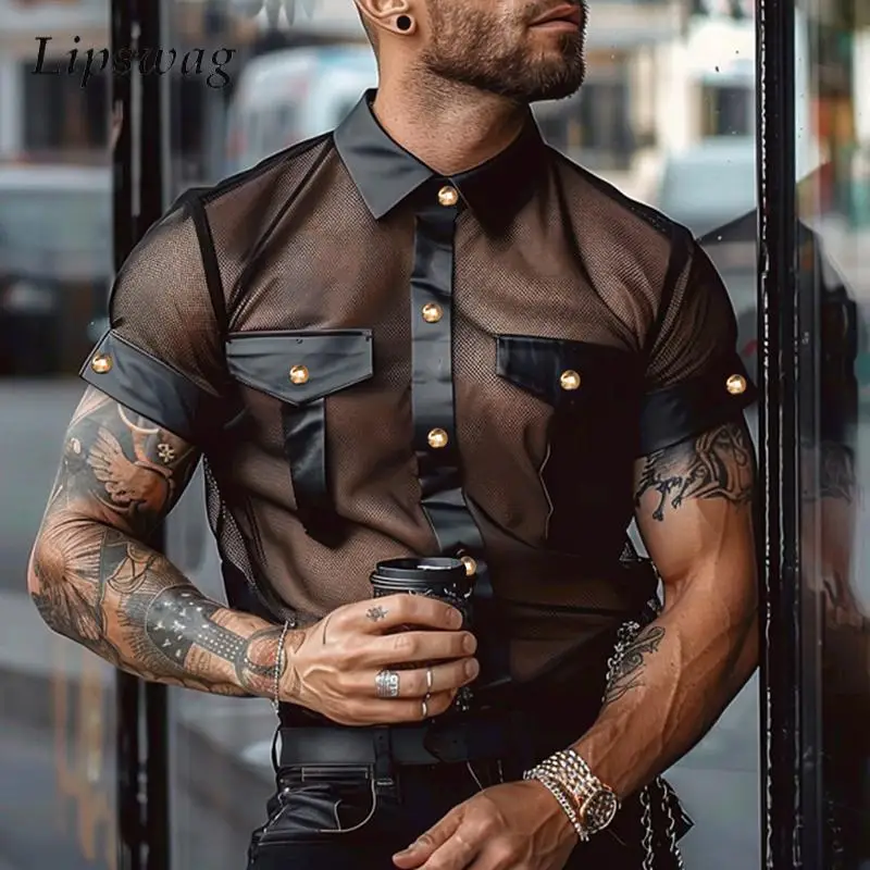 

Sexy Leather Patchwork Mesh Shirts Men Nightclub Fashion See Through Mesh Lace Shirt 2024 Summer Mens Short Sleeve Leather Shirt