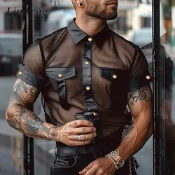 Sexy Leather Patchwork Mesh Shirts Men Nightclub Fashion See Through Mesh Lace Shirt 2024 Summer Mens Short Sleeve Leather Shirt