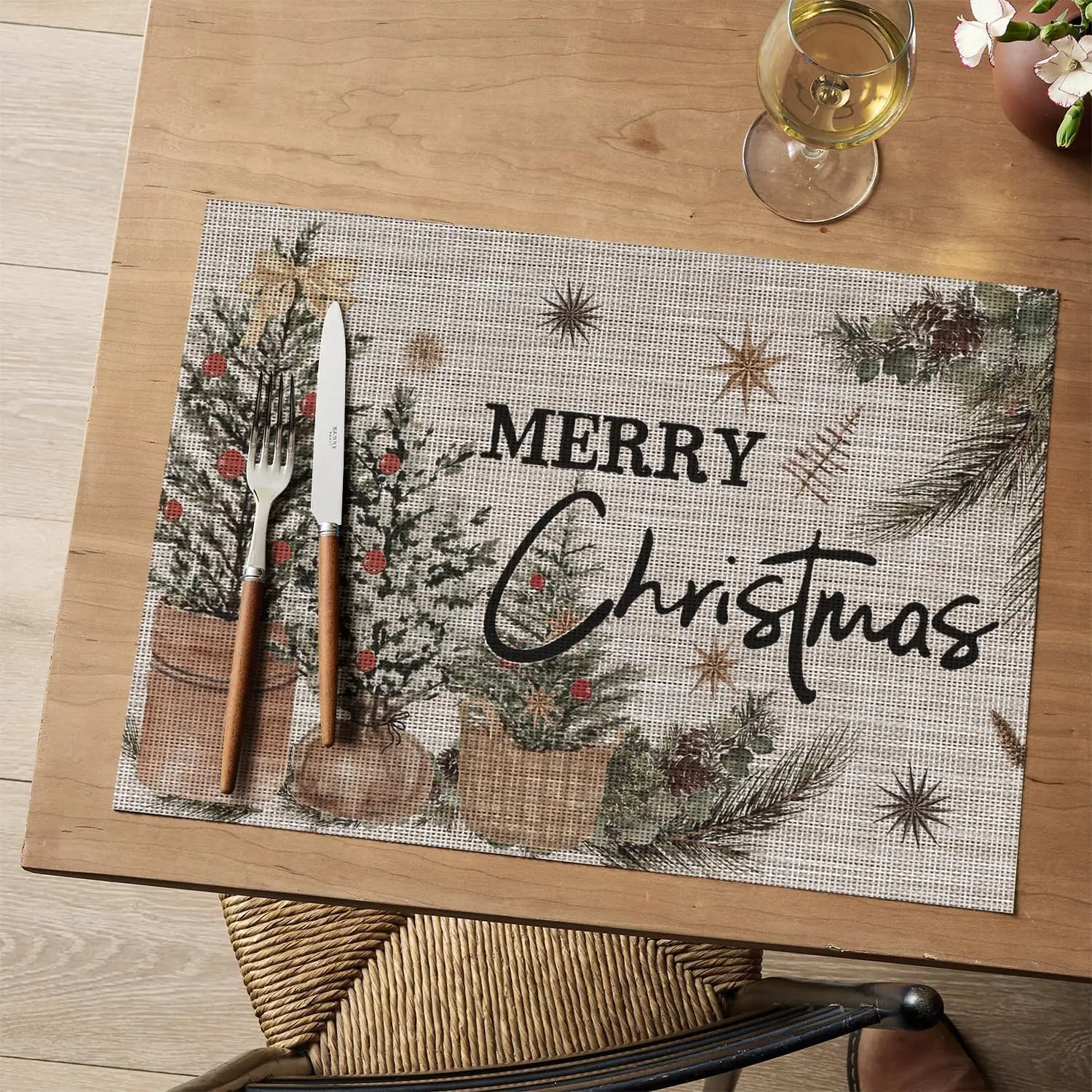 أشجار عيد الميلاد هولي الصنوبر المخروط الفينيل عيد الميلاد المفارش مجموعة من 4 قابل للغسل البلاستيك عدم الانزلاق المنسوجة الشتاء الجدول الحصير للحزب المطبخ #2