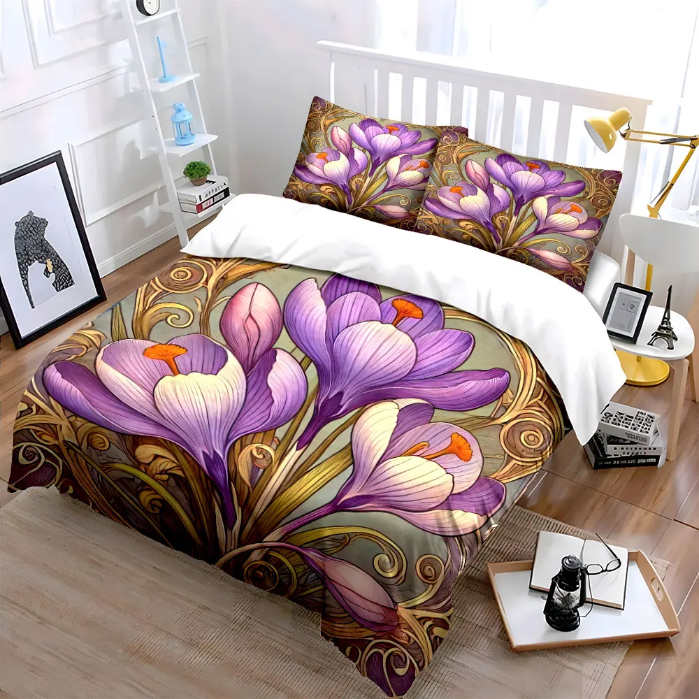 3Pcs Elegant Art Nouveau Bedding Set, Purple and White Crocus Flowers Print Duvet Cover, Sophisticated Bedroom Decor