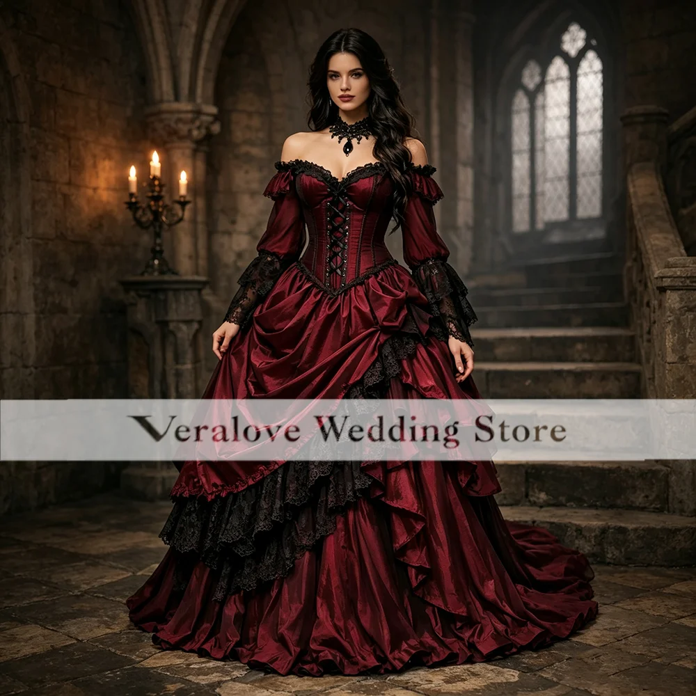 Victorian Gothic Black Red Wedding Dresses 2026 Long Sleeves Lace Detailing Vampire Withcy Bridal Gowns Medieval Costume Party