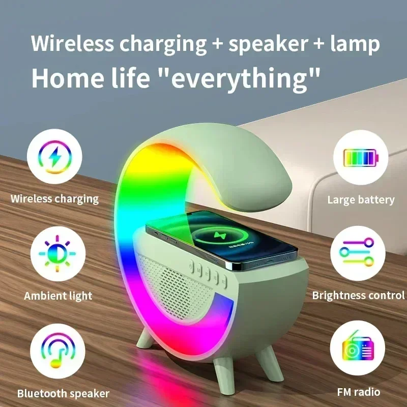 15W Wireless Charger Station Bluetooth Speaker RGB Desk Lamp Alarm Clock