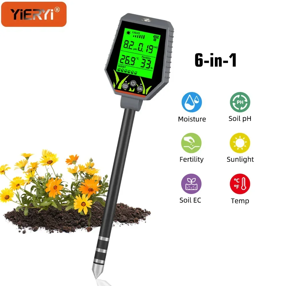 6-in-1 Digital Soil Tester – PH, Moisture, Fertility, Light, Temp & Humidity Analyzer for Plants & Lawn
