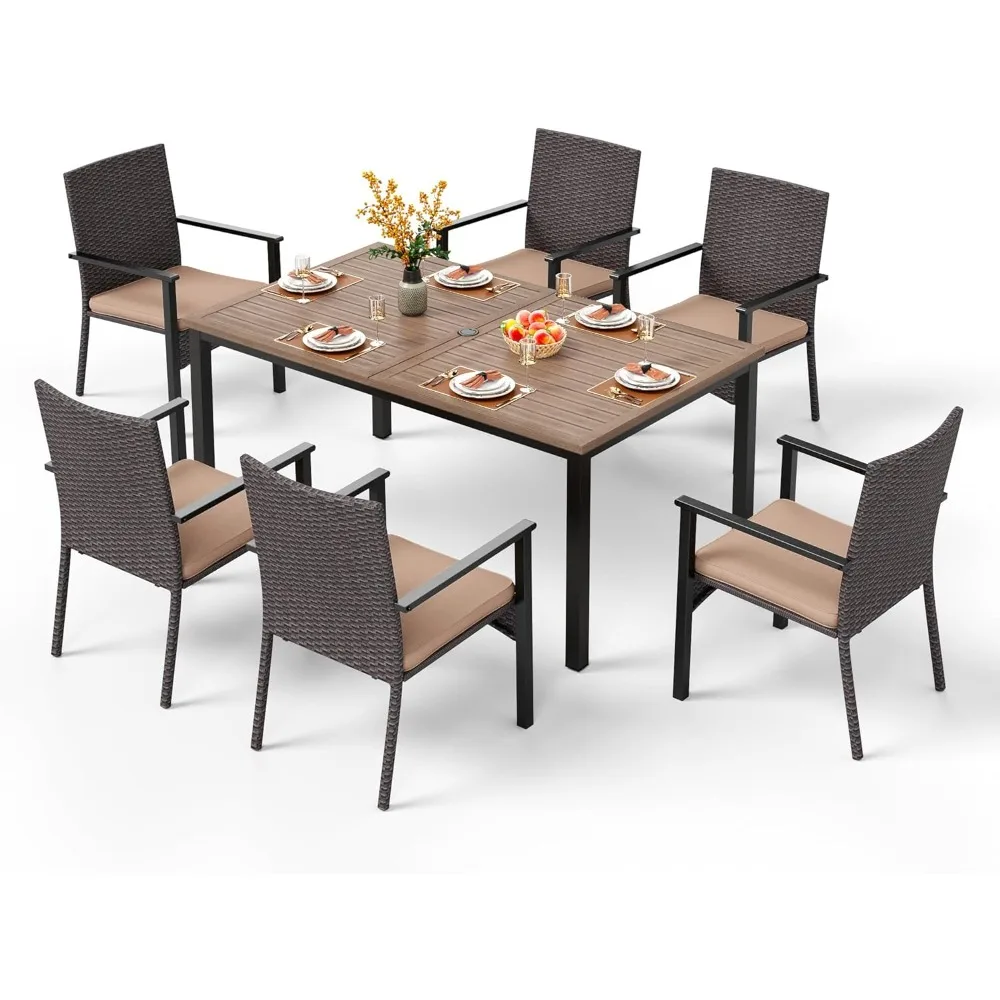 

7 Pieces Patio Dining Set, 65” Wood-Like Metal Steel Dining Table & Rattan Wicker Chairs with Cushions
