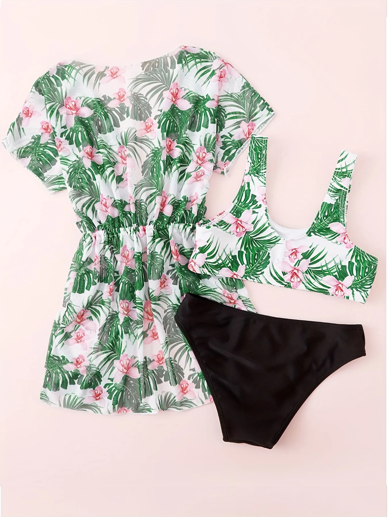 Girl'S Floral Tropical Print Cover Ups Bikini Bathing Suit with Kimono 3pcs Swimsuits For 8-12 Years Sweet
