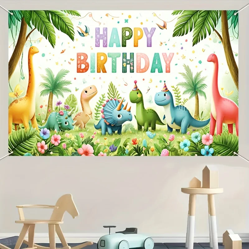 Cartoon Dinosaur Polyester Photo Backdrop Banner Vibrant Happy Birthday Decorations Indoor Outdoor Events Parties